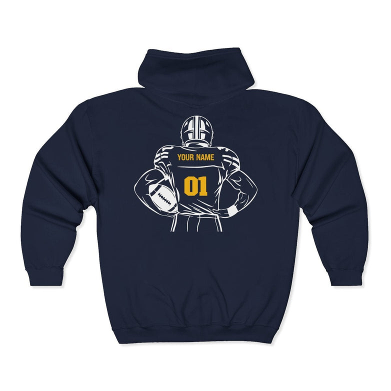 Navy blue full zip hoodie with a graphic of a football player on the back, customizable with text.