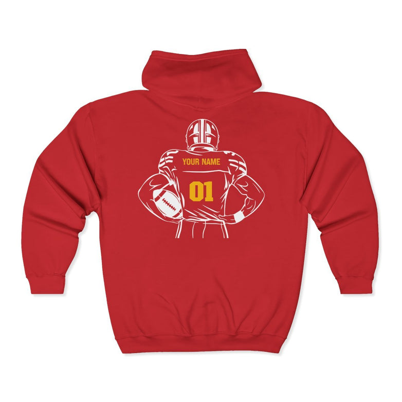Red full zip up hoodie with a graphic of a football player on the back, customizable with text.