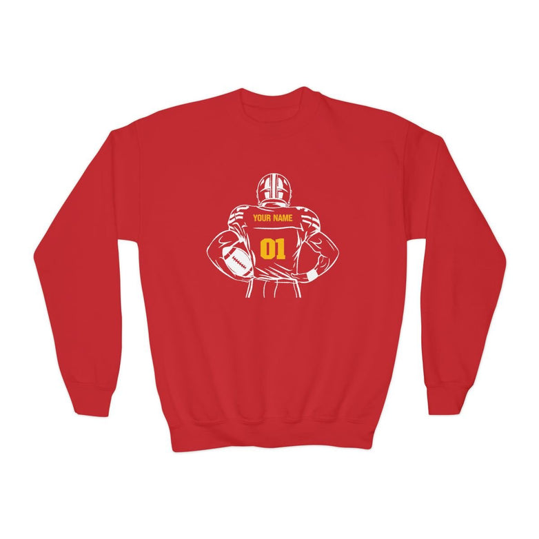 Kids Personalized Football Crewneck Sweatshirt - Custom Team Colors Name & Number - V2 - RedHeaded StepChild