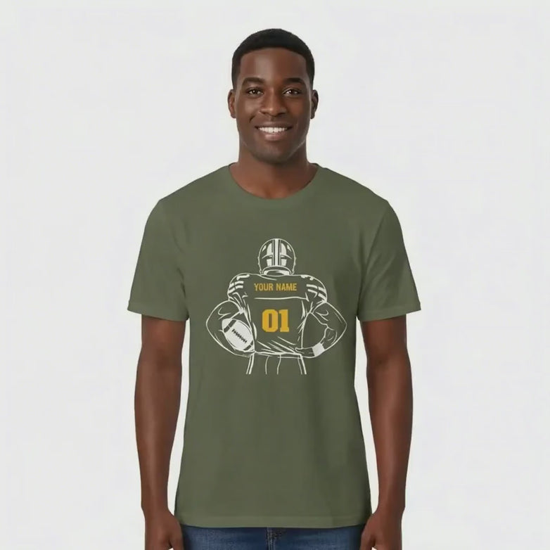 Video of a man wearing a military green t-shirt with a customizable football graphic against a white background