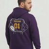 Video of a man wearing a purple hoodie with a customizable football design on a white background